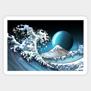 Big wave with Mount Fuji and a blue moon Sticker